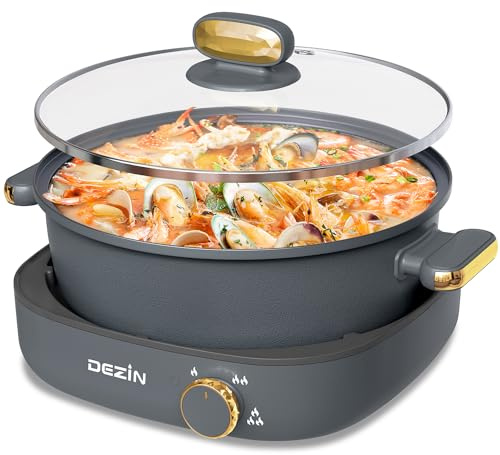 Dezin Electric Shabu Shabu Pot with Removable Pot, 4L Non-Stick Hot Pot Electric with Dual-Power Control, Electric Pot with Tempered Glass Lid for Party, Family and Friend Gathering