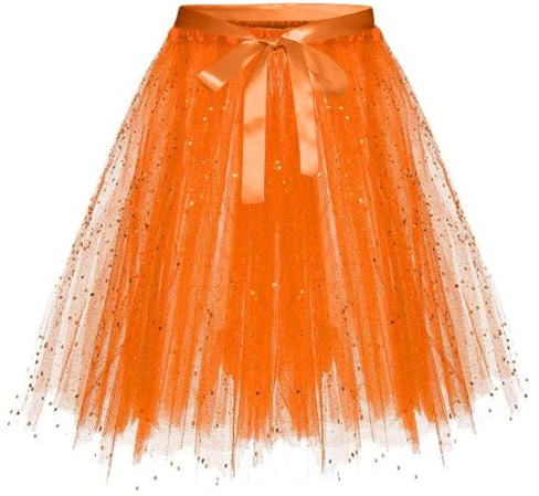 Karneval Tüllrock Damen Erwachsene Glitzernder Tütü Röcke Puffy 80er Tüll Unterrock Minirock Petticoat Tanzkleid Adult Teen Dehnbaren Tutu Rock Erwachsene Ballettrock Tüllrock für Party (Orange, L)