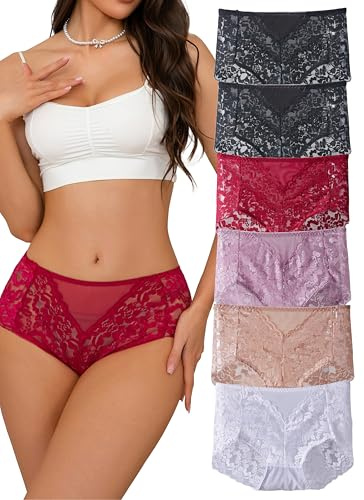 Hialegion Slip Donna Pizzo Mutande Donna Vita Alta Slip Senza Cuciture Plus Size Mutandine Morbido High Waisted Guancia Granny Taflie Forti 6 Pezzi 4XL