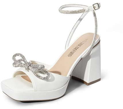 DREAM PAIRS Women's Double Bowknots Platform Chunky Heels Rhinestone High Square Toe Dress Sandals for Wedding Bridal Party,Size 6,White-Pu,SDHS2453W