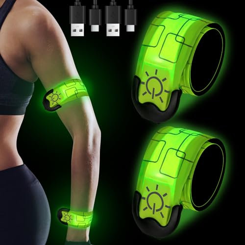 Mineup LED Bande Catarifrangenti, 2 Pezzi Braccialetto Riflettente LED USB, Fascia per Braccio di Sicurezza Notturna, Braccialetti Luminosi per Jogging, Corsa, Ciclismo, Sport all'Aria Aperta