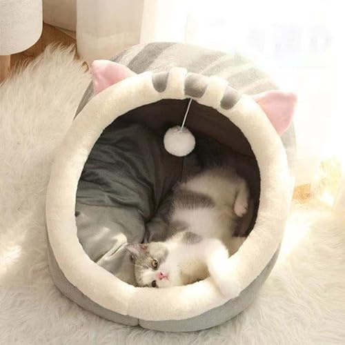Cama para gatos, mullida cesta, cueva de interior, casa cálida, cojín acolchado extraíble, supersuave (gris, 30 x 30 x 28 cm)
