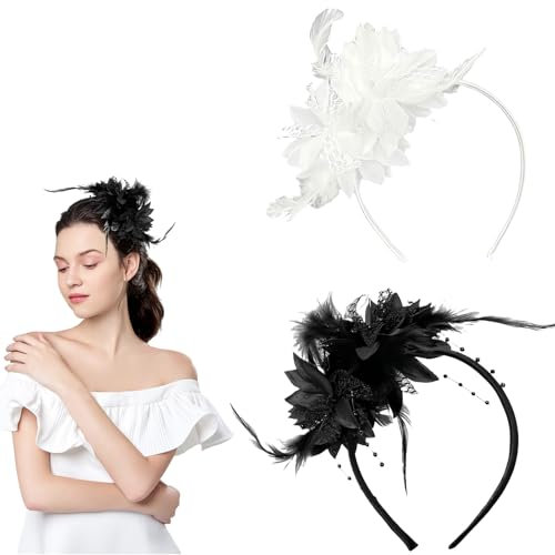 2 Stück Haarschmuck Haarreifen Damen Feder 20er Jahre Stil Haarband Feder Haarreif Damen Mesh Federn Stirnband,für Party Cocktail Hochzeit Karneval Hochzeit Tee Party Accessoires Kostüm