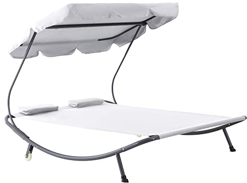 Outsunny Bain de Soleil 2 Places, lit de Jardin, Toit réglable, avec 2 oreillers et 2 roulettes, Design Contemporain, Acier Polyester crème