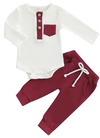 BeliBacca Conjunto de 2 piezas de ropa de invierno para bebé recién nacido, primavera, otoño, color de contraste, acanalado, manga larga, con botones, camisa elástica y pantalones largos, rosso, 3-6