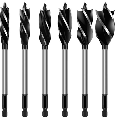 GTGIQXG Set di 6 Punte da Trapano a coclea for Legno da 1/2, 5/8, 3/4, 7/8, 1 e 1-1/8 ad Alta velocità, a 4 Taglienti, con Attacco Esagonale, Cambio rapido for Legno Duro e tenero, plastica