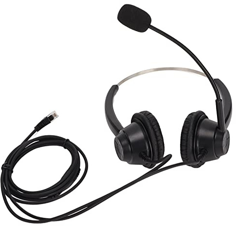 KAIXINM H360D – RJ Binauralt telefonheadset, RJ9 affärshörlurar med brusreducerande mikrofon, dubbelsidigt telefonheadset för callcenters onlinekurser Skype-chattar, bekväma L