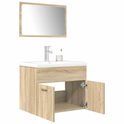 Holamys 3-TLG. Badrumsmöbelset Sonoma-ek trämaterial, 60 cm tvättställsunderskåp, spegel, keramiskt handfat, fuktbeständigt, modern design för badrum