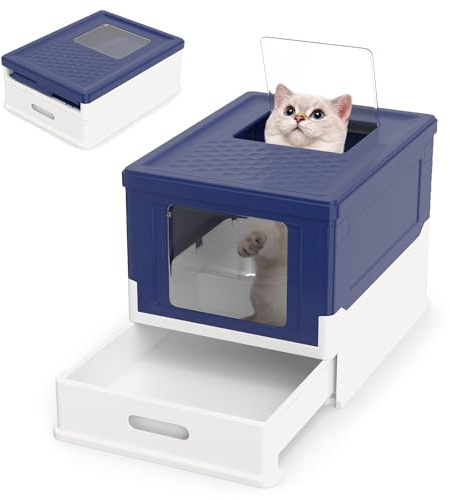 GYMAX Caja de Arena Plegable para Gatos, Casa de Baño Cerrada con 2 Puertas (Superior + Frontal), Cajón para Arena y Patas Antideslizantes, Limpieza Fácil y Antiolor, 50 x 38 x 37 cm (Azul)
