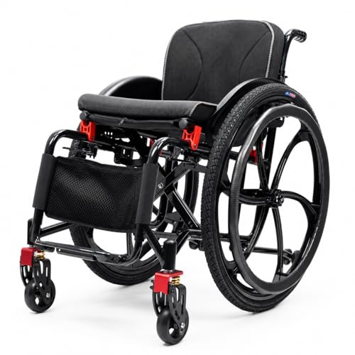 Silla de ruedas deportiva para adultos, silla de transporte plegable ligera con reposapiés, silla de ruedas de viaje portátil, silla de movilidad plegable de fácil transferencia, ancho del asiento de
