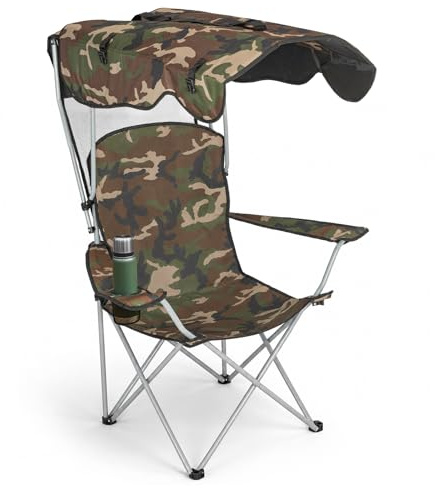GoDyna Portable Camping Chair with Canopy Shade Folding Outdoor Chair with Cup Holder Heavy Duty Waterproof Beach Fishing Lawn Chair for Camping Picnic Garden Patio Support 175kg (Camouflage)