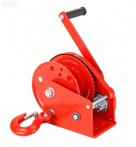 Båtvevvinsch, 2- Vägs Självlåsande, Handvinsch med Kabel | Antirotationsstålrep, Förstärkt Bas, Anti-Fallkrok, Precisionsväxlar(Red 1800LB/816KG,Bare-Metal)