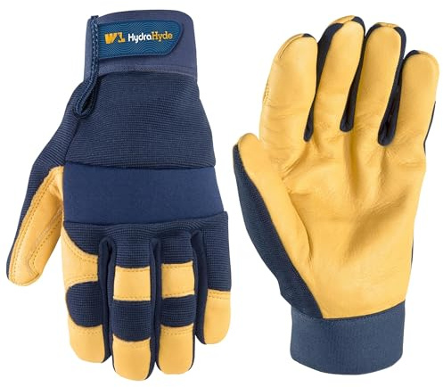 Wells Lamont Men's Leather Palm Work Gloves – HydraHyde Water-Resistant Leather, Flexible Spandex Back, Adjustable Closure – Ideal for Construction, Landscaping, DIY Projects – Blue, Large (3207L)