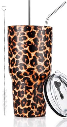 Thermobecher mit Leopardenmuster, Edelstahl, isoliert, mit Strohhalm-Deckel, Reinigungsbürste (850 ml Leopard)