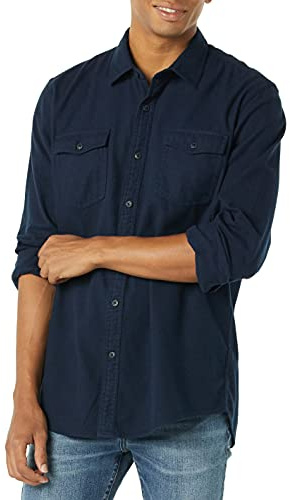Amazon Essentials Camisa de Franela con Corte Recto, Dos Bolsillos y Manga Larga Hombre, Azul Marino, XS