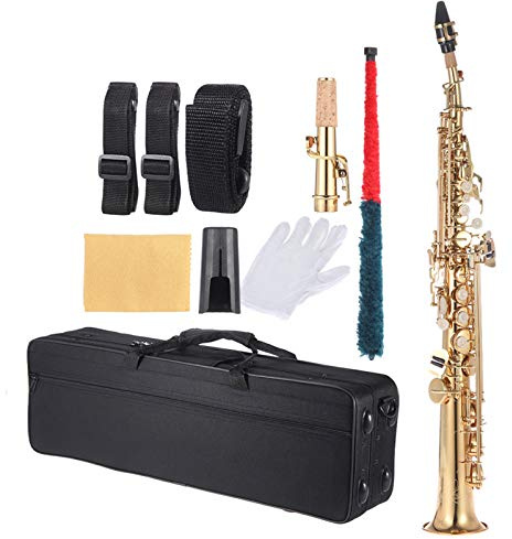 Btuty Saxofón soprano recto de latón Bb B Flat Natural Shell Key Carve Pattern con bolsa de transporte, guantes, paño de limpieza, correa, varilla de limpieza