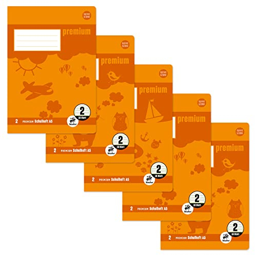 Staufen Premium Schulheft - DIN A5, Lineatur 2 (4/4/4mm liniert, farbig), 16 Blatt, 90g/m² Premium Papier, 3 verschiedene Motive (keine Auswahl möglich), 5 Stück
