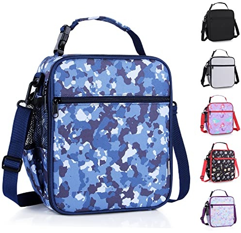 hombrima Kids Insulated Lunch Box Bag, Thermal Picnic Cool Bags with Adjustable Strap for Adults Children Women Men Boys Girls School Work (CAM-Blue)