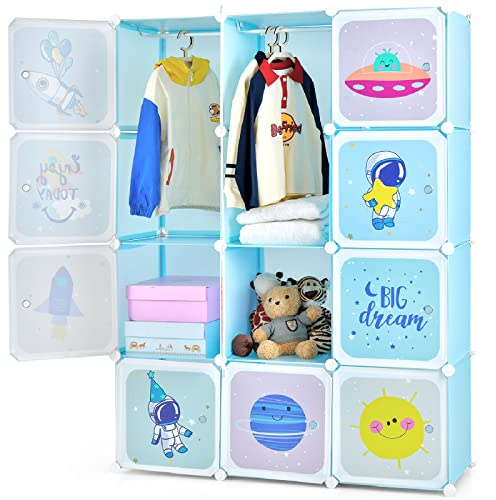 INFANS Children Wardrobe, Kid Closet Portable Baby Dresser Cute for Kids Bedroom Nursery Armoire with Doors 12 Cube 2 Hanging Sections, Kid Clothes Storage Organizer (Blue, 12 Cubes)