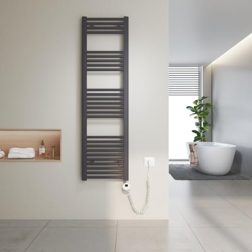 Heilmetz Radiateur sèche-Serviettes électrique 140x40cm avec Thermostat Digital avec Fonction minuterie Sèche-Serviettes Droit Anthracite 500W
