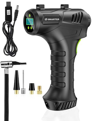 E-SMARTER Cordless Tyre Inflator Air Compressor, 12V USB Rechargeable, 150PSI Max, Car & Motorcycle Tyre Pump with Memory Function & Auto Shut Off, Includes 3 Nozzles & Storage Bag