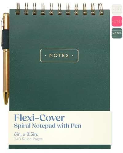 Eccolo Lined Top Spiral Notebook, Flexi-Cover Steno Pad with Pen Included (240 Perforated Pages), Notes A5 Notepad Ideal for Note Taking in School, College or Work (Green, 6x8.5 Inches)