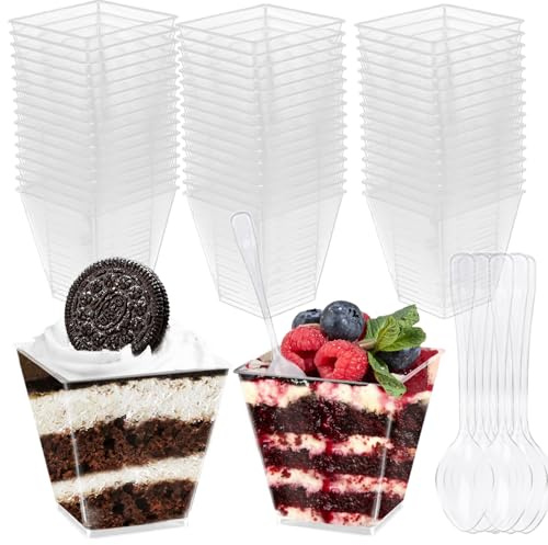 LOSYHU 50Pack 200ml/6.8oz Dessert Cups with 50pcs Spoons, Clear Square Plastic Dessert Cups, Cheesecake Pots Plastic Mini Dessert Bowls for Pudding, Mousse, Parfait, Tiramisu