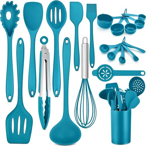 HaWare Küchenhelfer, 21 Stück Silikon Küchenutensilien Kochbesteck Set, Hitzebeständig Kochutensilien Kochgeschirr mit Utensilienhalter, Antihaft Küchenset für Kochen Backen, Spülmashinenfest - Blau