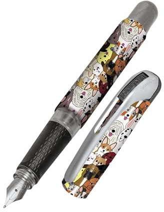 Online fountain pen College Fluffy Dogs, ink fountain pen for right-handers, ergonomic grip, iridium nib medium, standard ink cartridges, incl. combi cartridge blue, for allergy sufferers