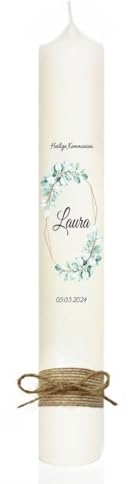 MilaBoo® personalisierte Kommunionkerze I 40 x 4 cm premium Kerze mit RAL - Zertifizierung I beidseitig bedruckt in Farbe I Made In Germany (Eukalyptus)