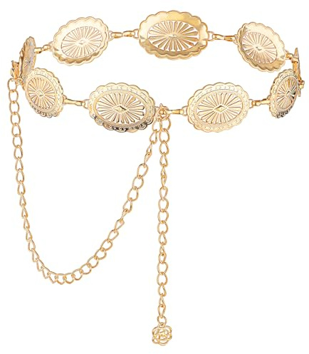 JIEYAO Western Concho kedjebälte, justerbar midjekedja i metall, cowgirl boho-bälten för kvinnor, landskonsert outfit för klänning, Guld, One Size