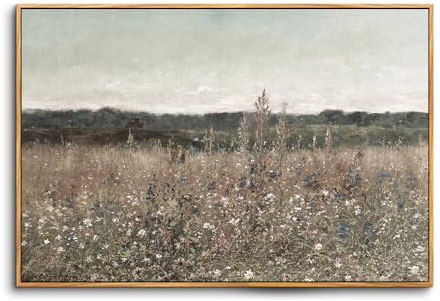 hyidecorart Vintage Leinwand Bilder mit Rahmen Holz, 60x90 cm Wandbilder Wohnzimmer Bunt Blume Wiese Bild Aesthetic, Wanddeko Schlafzimmer Gemälde Badezimmer Kunst Büro Zimmer Esszimmer