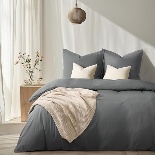 WohlNest Bettwäsche 200x200 Grau,200x200 Bettwäsche Set Anthrazit 1 Bettbezug 200x200 + 2 Kissenbezüge 80x80 cm,Bügelfreie Bettwäsche Microfaser mit Reißverschluss