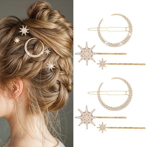 AOZUO 6 Piezas Pinzas para el Cabello de Metal con Estrellas, Accesorios para el Cabello de Metal con Estrella y Luna para Mujer con Diamantes de Imitación, Horquillas para Novia y Boda (Oro)