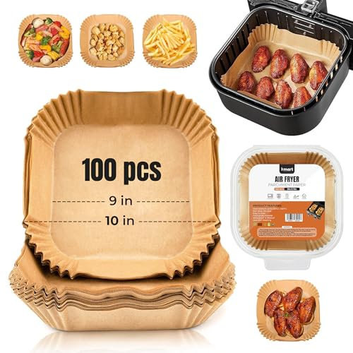 K-MART 100 unidades de papel de horno para freidora de aire caliente, 23 cm, cuadrado, antiadherente, calidad alimentaria, accesorios para hornear, freír, microondas