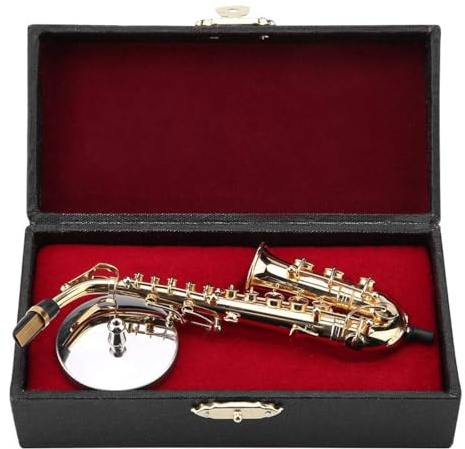 Laroal Miniatur-Altsaxophon, dekoratives Modell, Messing, vergoldet, Mini-Saxophon für Musikliebhaber, Lehrer, mit Ständer und Koffer, Sammler-Replik