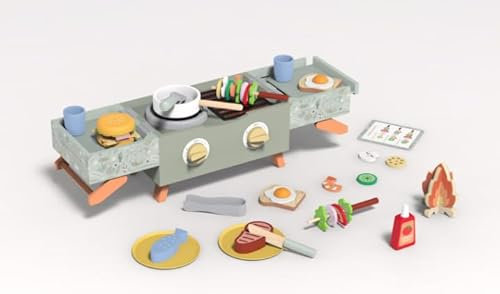 Grillset Kinderküche Spielküche Zubehör Holz, Faltbare Küchenspielzeug ab 3 Jahre, Lebensmittel Spielzeug, Holzspielzeug Rollenspiele für Mädchen und Junge, Geschenke zum Geburtstag und Weihnachten