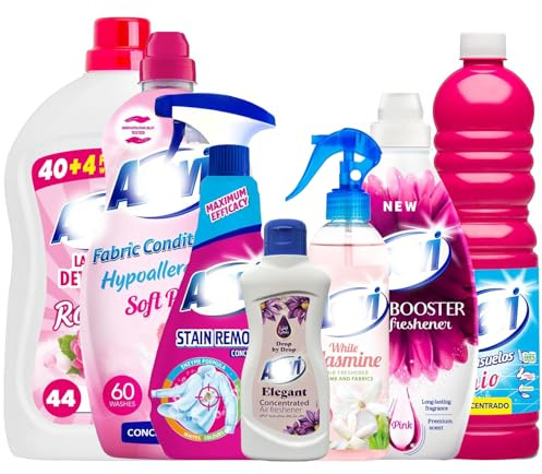 7 Piece Pink Spanish Cleaning Products Bundle Giftset Air Freshener 400ml, Floor Cleaner 1L, Fabric Softener 60W, Laundry Detergent, Elegant Scent, Stain Remover, Scent Booster – Home Cleaning Set