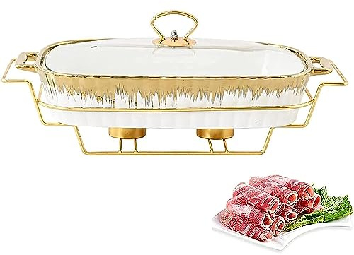Ceramic Buffet Chafing Dish Set with Alcohol Stove And Glass Lid for Catering Party Wedding Buffet Warm Food in Winter3,Gold-L (Gold S)