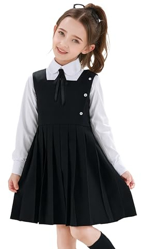 LOLANTA Plisserad overall för skoluniform, fyrkantig hals, ärmlös, med dekorativa knappar, veckfri, 5–12 år, svart, 11-12 �r