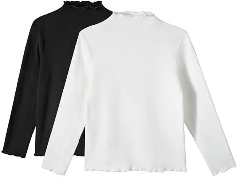 Miipat Camiseta de Manga Larga para Niña con Cuello Alto Pack de 2, Básica y Suave Camisas Interior Térmicas Slim Fit Tops Informal Blusas(Blanco Negro, 6-7 Años)