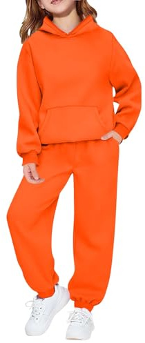 Kids Tracksuit Full Set 2 Piece Sport Outfit Boys Girls Long Sleeve Hoodie Sweatshirts and Loose Sweatpants Bottom Jogging Pants Activewear Track Suit (Orange, 5-6 Years)