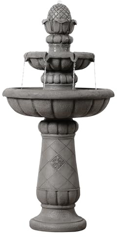 Teamson Home Fontana per uccelli, 99 cm, 2 livelli, vasca piatta, effetto pietra, grigio chiaro e flusso d'acqua delicato per il giardino