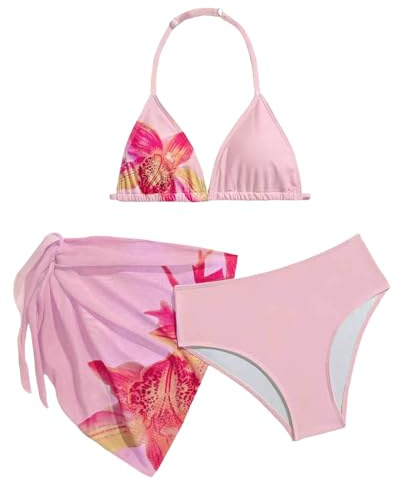 Maillot de Bain Adolescente Filles 3 Pièces Haut Bikini Triangle Floral Slip et Jupe Natation Imprimé Floral Ensemble Stylé Pratique pour Plage Piscine Sorties Aquatiques