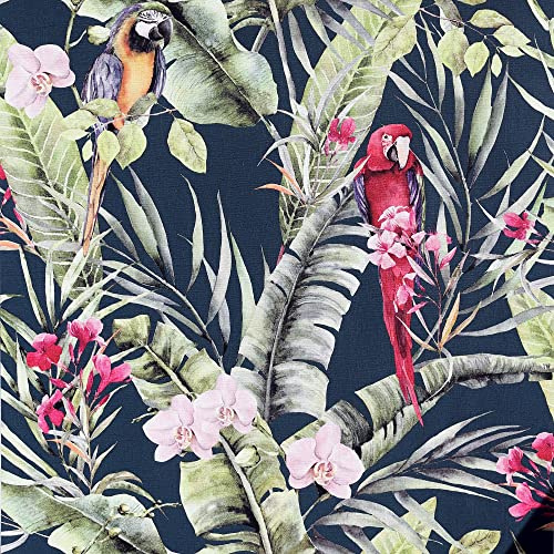 Arthouse Pretty Polly Navy Background Coloured Wallpaper for Living Spaces & Feature Walls, Kitchen Bedroom Hallway Dining 10.05m x 0.53m Roll Botanical Feel with Animal & Floral Morifs 297106