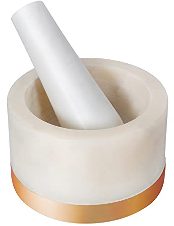 Mortier et pilon Divit Shilp, en pierre dure polie résistante, broyeur en pierre naturelle pour les épices, les pâtes, les herbes, l'assaisonnement, etc. (Marble with Brass Base)