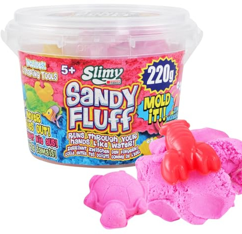 SLIMY Sandy Fluff 220g Pinker Sand - Original Slime Sand für Kinder, magische Spielmasse inklusive Eimer und Zwei Formen, elastische Spielknete (Spielzeug ab 3 Jahre)