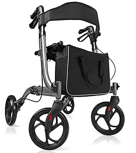 GYMAX Aluminum Walker, Foldable Four Wheels Medical Rollator with Seat & Carrying Bag, 5 Adjustable Height Folding Walking Mobility Aid Rollator for Elderly and Disabled User (Grey)