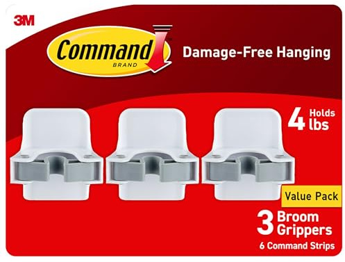 Command Broom Grippers, 3 Hangers and 6 Strips, Damage-Free Mop and Broom Holder Wall Mount, Household Cleaning Tool Organizer for Kitchen, Laundry Room, Closet, Holds up to 4 lb