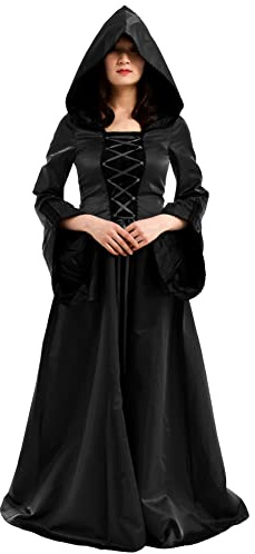 BLESSUME Vestido de fantasía medieval para mujer, con capucha, manga larga, para fiesta de cosplay (Negro, XL)